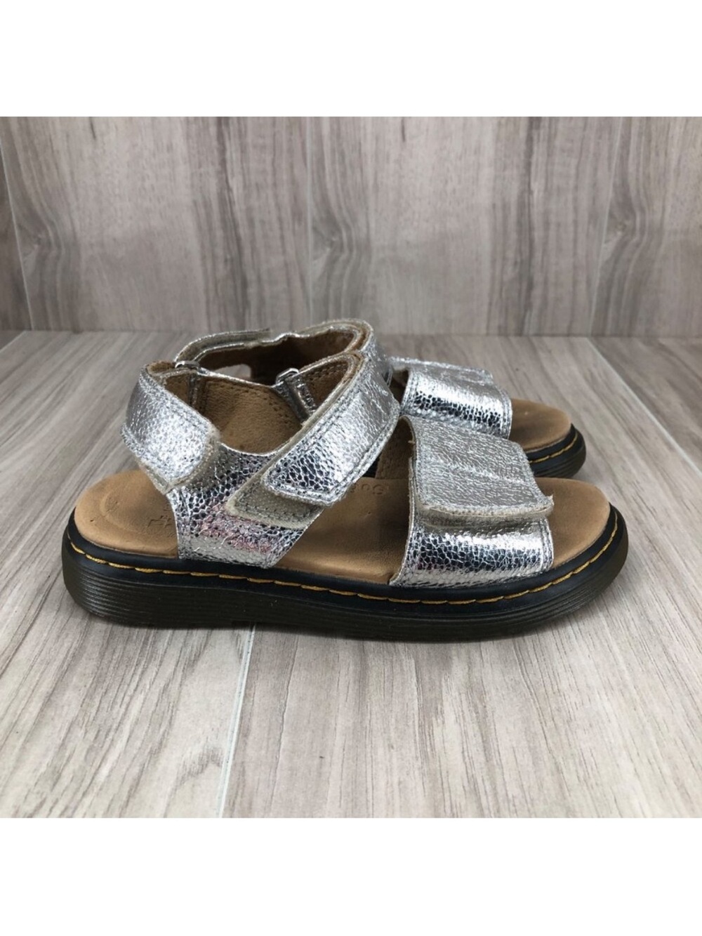 Dr Martens Sandals Kids 13 Romi J Silver Crinkle Metallic Leather Hook and Loop